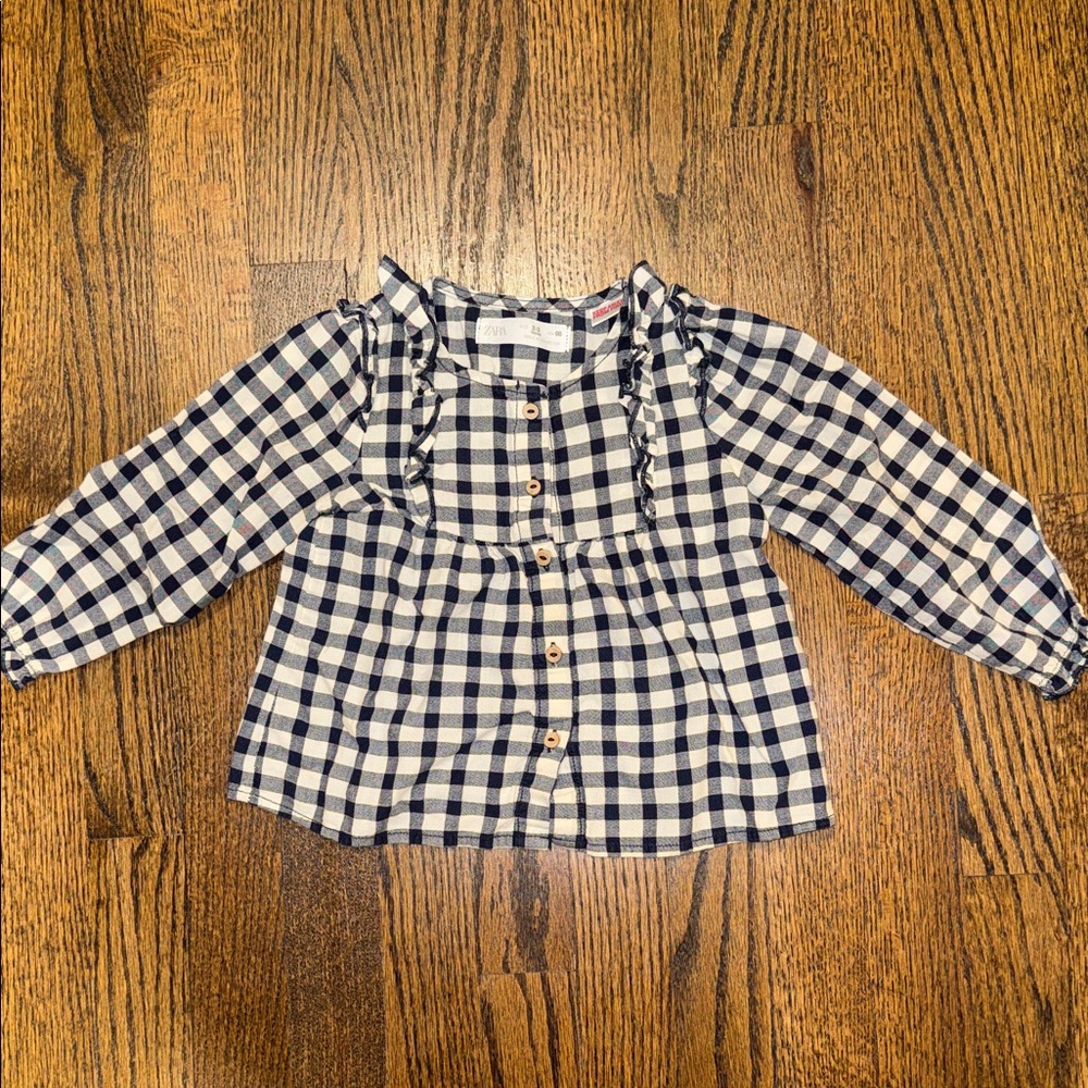 Zara Navy and White Gingham Ruffle Button-Front Top 2-3 Years